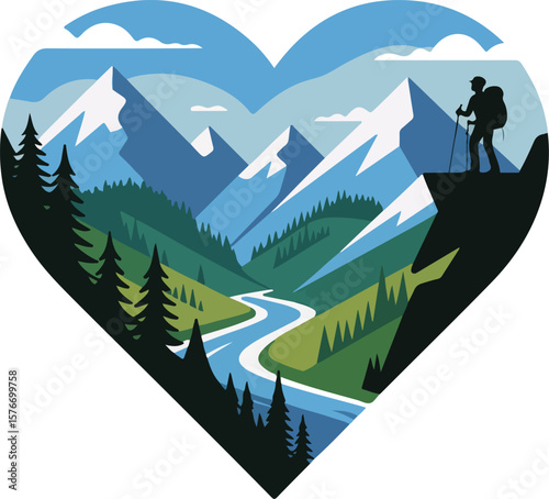 Vector illustration of a mountain landscape with trees, snow-capped peaks, and a clear sky, perfect for nature and travel themes