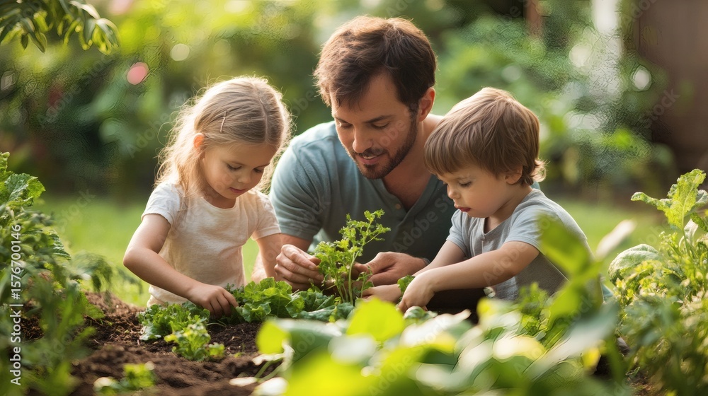 A father and his children gardening together in a backyard A father and his children gardening together in a backyard