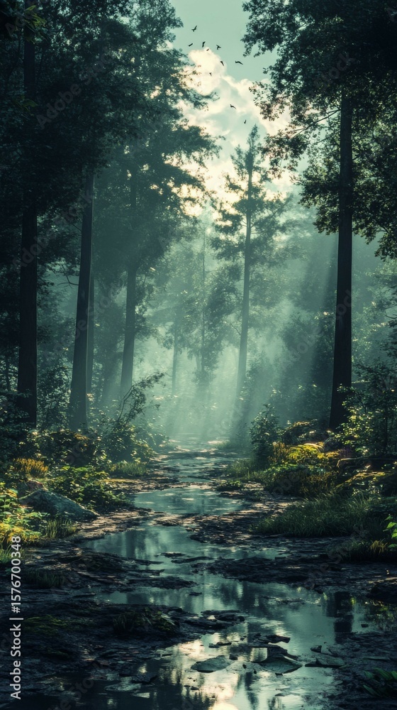 Obraz premium Mystical Forest Path with Bright Sunbeams Filtering Through Dense Trees and Morning Mist a Serene Natural Landscape