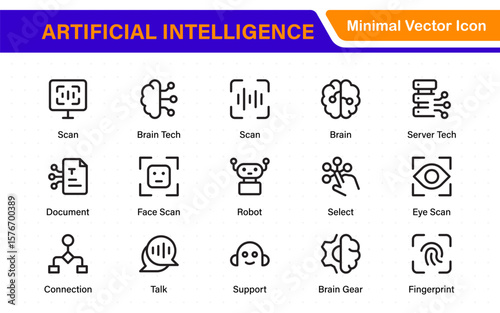 Ai tech and artificial intelligence icon set vector collection. AI Essentials line Icon collection, artificial intelligence icon set in line style, machine learning, smart robotic Free Vector
