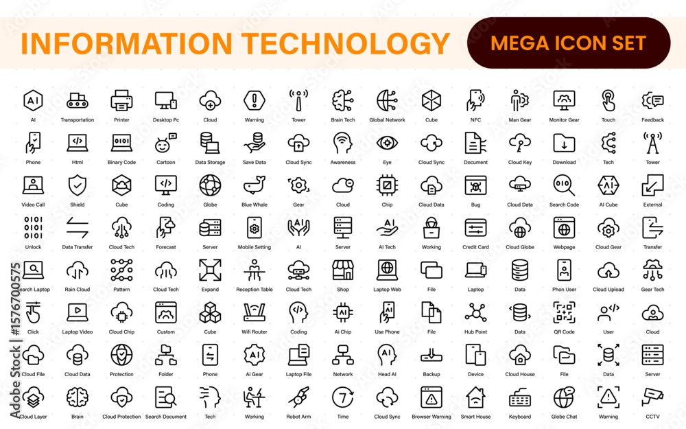 Information technology icons set. Set of It technology icons. Industry concept factory of the future. Technology progress. Big UI icon set in a flat design. Thin outline icons