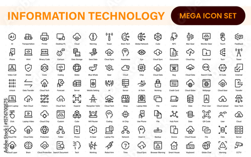 Information technology icons set. Set of It technology icons. Industry concept factory of the future. Technology progress. Big UI icon set in a flat design. Thin outline icons