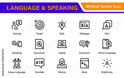 Language and speaking web icon set in line style. Language translation, linguistics, speaking, dictionary, listening skills, writing, translate, collection.