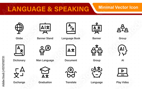 Language and speaking web icon set in line style. Language translation, linguistics, speaking, dictionary, listening skills, writing, translate, collection.