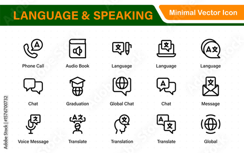 Language and speaking web icon set in line style. Language translation, linguistics, speaking, dictionary, listening skills, writing, translate, collection.