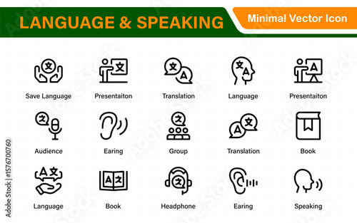 Language and speaking web icon set in line style. Language translation, linguistics, speaking, dictionary, listening skills, writing, translate, collection.