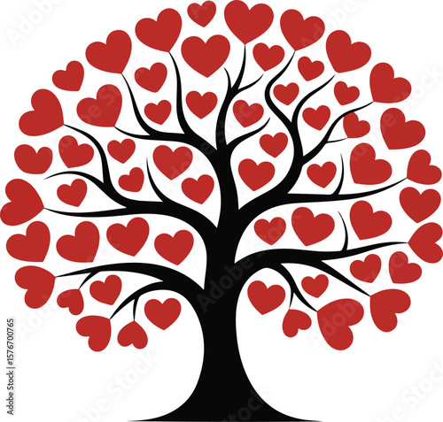 Tree with red hearts vector illustration: a symbol of love and nature's spring design