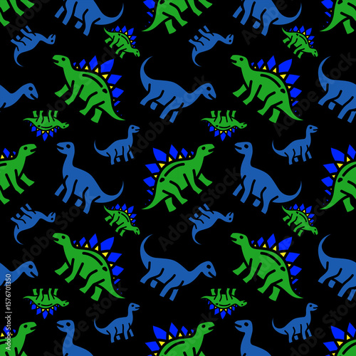 Colorful dinosaur pattern on a black background