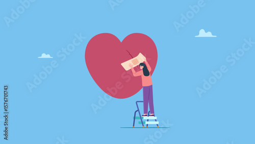 A woman cured repair heart shape with bandage. Symbolizes move on or forget and forgive, open for new relationship, heal or cured from heart broken or divorce and relationship problem.