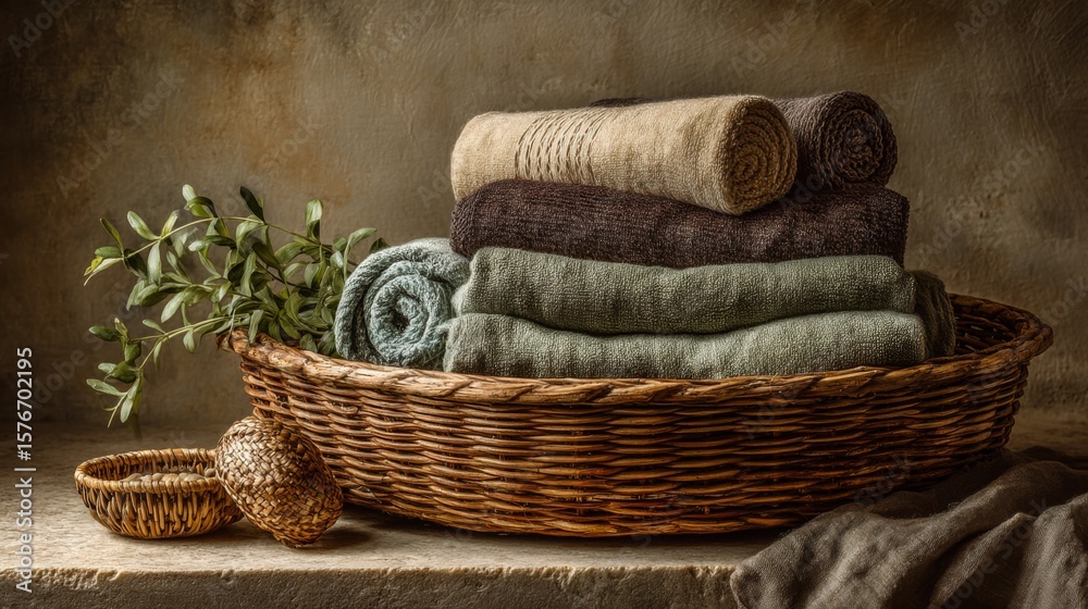Obraz premium Stacked Towels in Wicker Basket, Neutral Tones Still Life