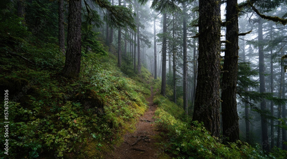 Fototapeta premium Misty forest trail winding uphill through lush greenery and tall trees, shrouded in fog