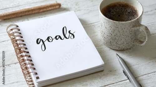A closed notebook labeled goals on a tidy work desk