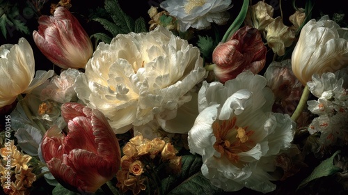 Close Up of White and Red Peonies and Tulips