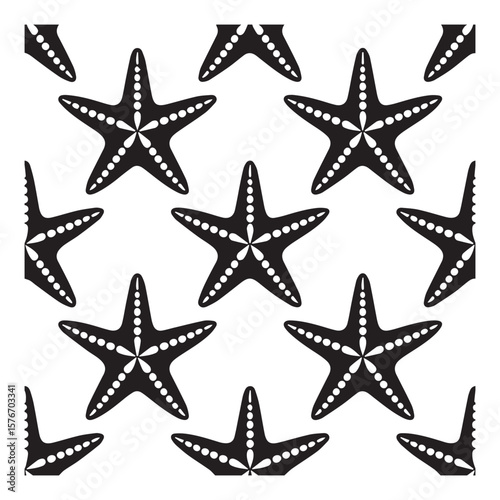 Seamless black and white pattern of stylized starfish with white dots on their arms and a white center