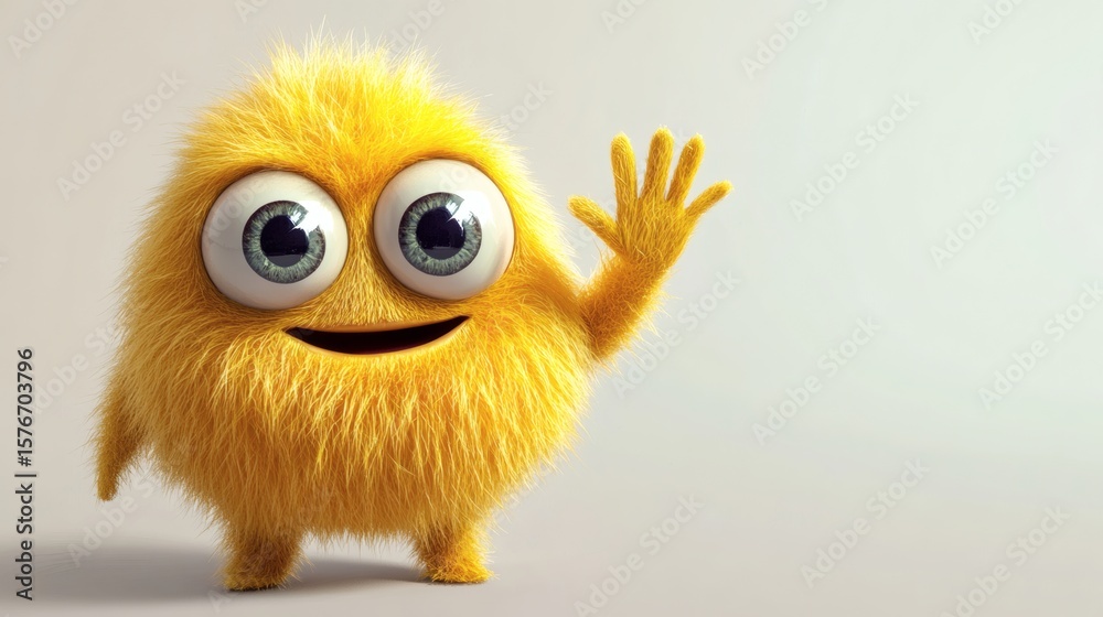 Fototapeta premium A friendly yellow furry cartoon character waves a greeting