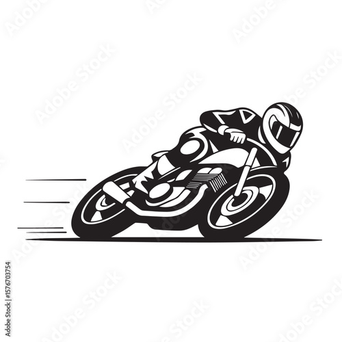 Dynamic black and white illustration of a motorcycle racer leaning into a sharp turn at high speed