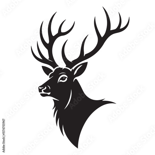 Majestic black silhouette of a stag s head with impressive antlers on a clean white background