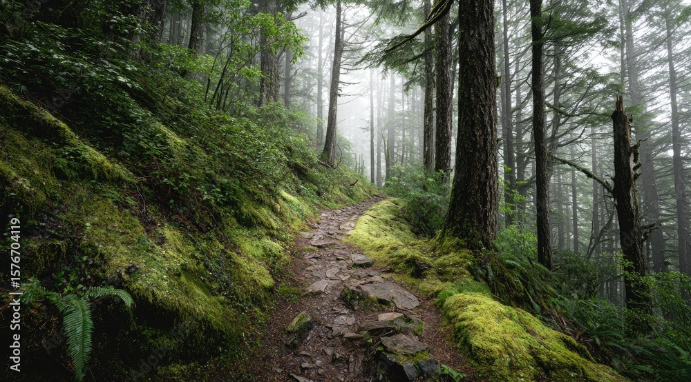 A misty forest trail winds through lush green moss-covered hillsides, tall trees lining the path, creating a serene and mysterious atmosphere A misty forest trail winds through lush green moss-covered hillsides, tall trees lining the path, creating a serene and mysterious atmosphere