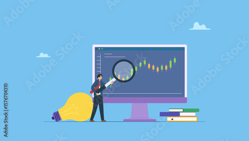 Businessman, investor holding magnifier analyze investment graph on desktop. Stock market graph analysis, crypto trader trend line or finding buy and sell indicator, investment or forex trade.