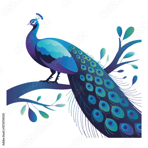 Elegant peacock with vibrant blue and green plumage perched on a stylized branch with abstract leaves against a white background