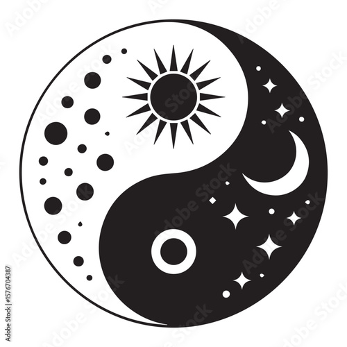 Stylized yin yang symbol featuring a sun and moon with stars and dots representing day and night balance