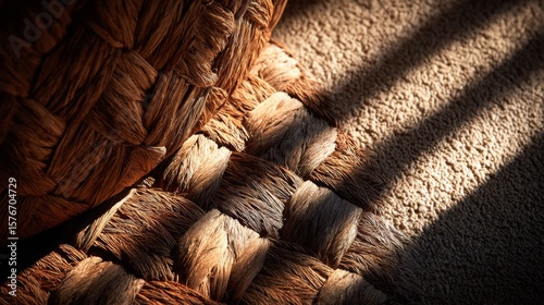 Closeup of Brown Woven Basket and Beige Rug with Sunlight Shadows