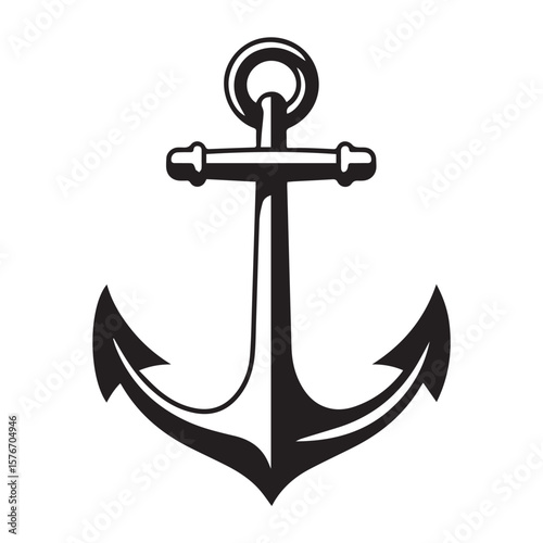 A bold black and white graphic illustration of a classic anchor with a circular ring and two flukes on a clean white background