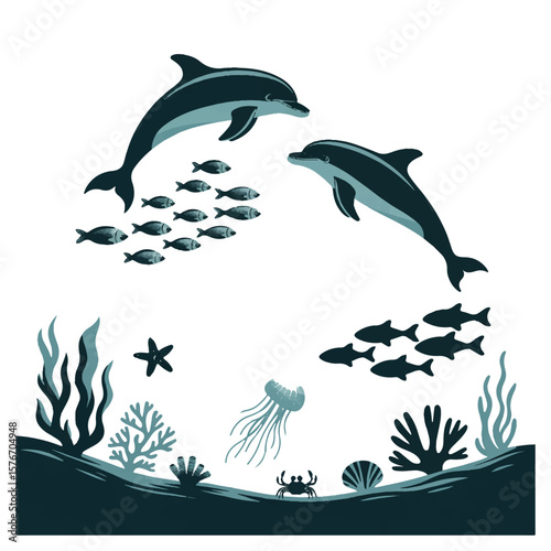 Two playful dolphins swimming with a school of fish above a vibrant coral reef ecosystem with a jellyfish and crab