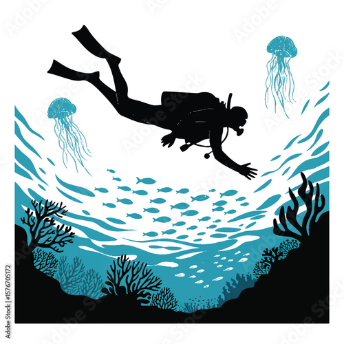 Silhouette of a scuba diver swimming through a vibrant coral reef ecosystem with jellyfish and schools of fish