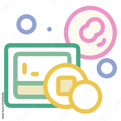 Geometric abstract art featuring makeup palette with blusher, and circles over white background. Makeup palette art is great for expressing concepts and artistic illustrations.