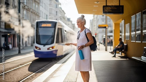 Woman waiting at train station platform for transportation effect heatwave climate global change