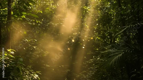 Sunbeams Filtering Through Lush Green Jungle Canopy, Creating a Mystical Atmosphere