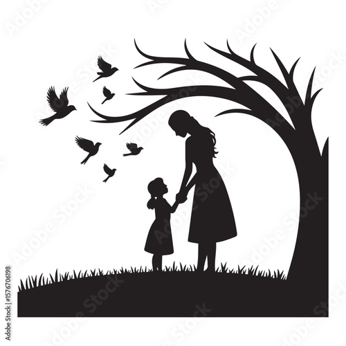 Mother and daughter holding hands under a tree with birds flying around them in a silhouette style