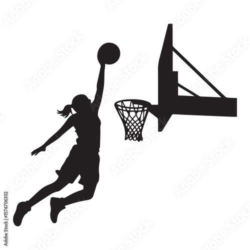 Silhouette of a female basketball player in mid air dunking the ball into the hoop