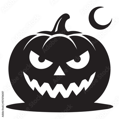 A spooky black silhouette of a jack o lantern with a menacing grin and glowing eyes under a crescent moon on a white background