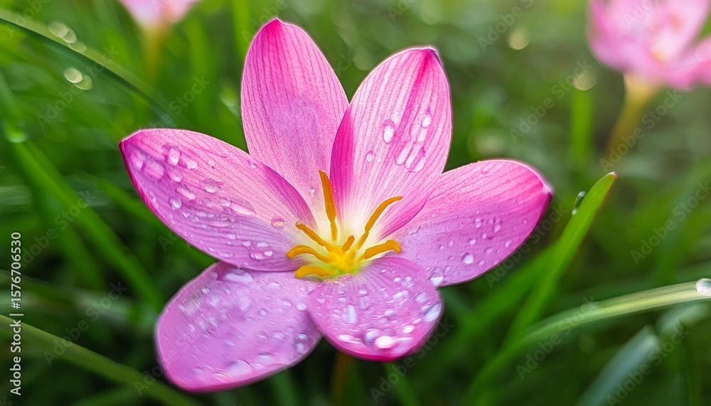 Fototapeta premium a fresh beauty pink rain lily zephyranthes rosea after a june rain