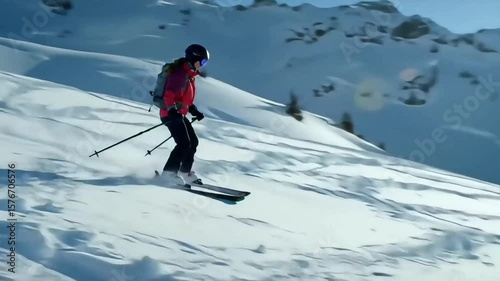 Skier in red jacket skiing down a snowy mountain slope with ski poles