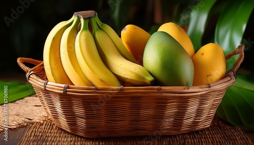 fresh bananas and mangoes in rattan basket