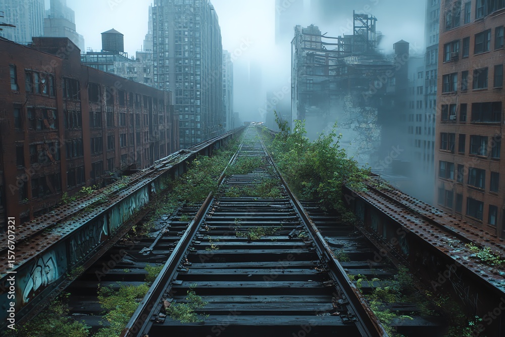Fototapeta premium Overgrown Abandoned Railway Tracks in Foggy City Landscape