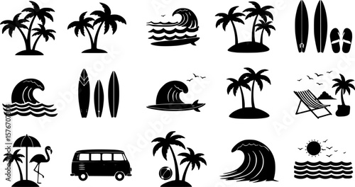 Black summer beach icon set, flat vector silhouette style, isolated on white, A tropical beach and surf-themed vector set with palm trees, waves, surfboards, a van, flamingos, and ocean elements