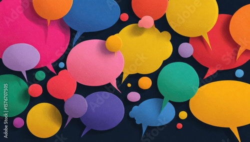 A vibrant array of colorful speech bubbles, varying in size and shape, are scattered against a dark background, suggesting a lively conversation or exchange of ideas