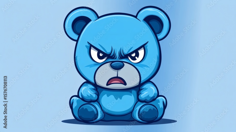 Fototapeta premium A blue cartoon bear exhibiting an angry and upset expression
