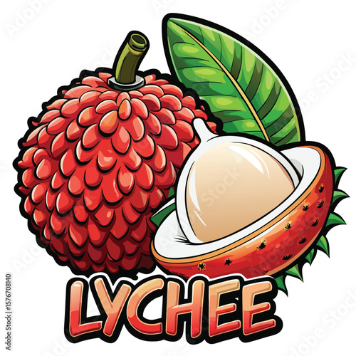 Cartoon illustration of a lychee fruit with a vibrant red skin, a creamy white flesh, and stylized green leaves