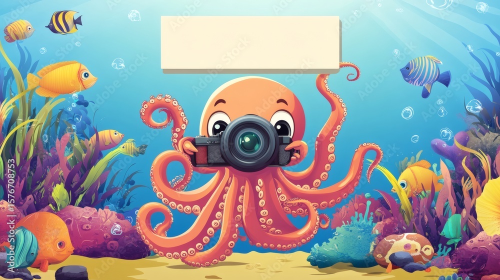 Fototapeta premium An octopus is holding a camera underwater with colorful fish