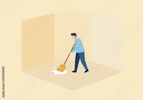 Man sweeping up spill in a room, vector illustration of domestic cleaning and household chores