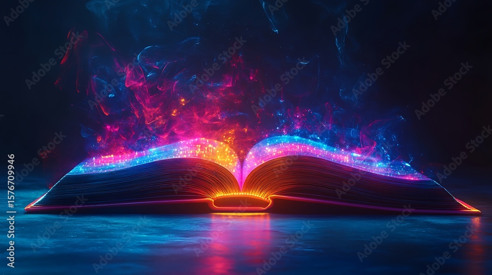 Obraz premium Illuminated Open Book with Vibrant Abstract Colors and Magical Glow