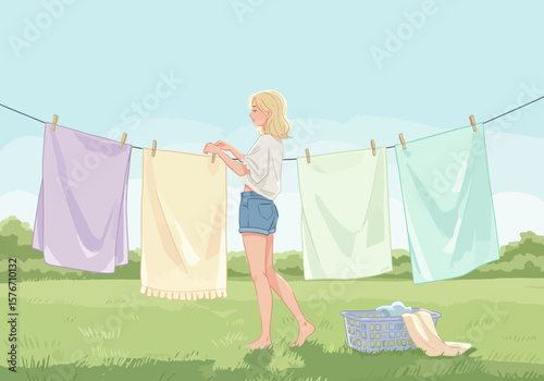 Laundry Day A serene illustration of a woman hanging fresh towels on a clothesline in a sunny, natural outdoor setting.