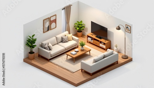 Modern living room interior design with beige sofas, wooden floor, and potted plants. Isometric view
