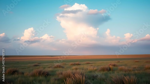 Golden grasslands under monumental clouds glow