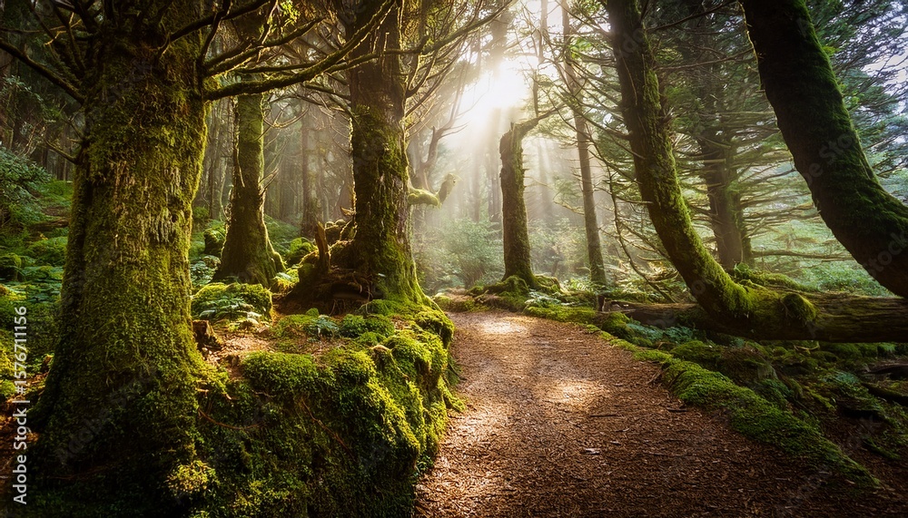 Obraz premium enchanted forest path a mystical journey through dense green woods